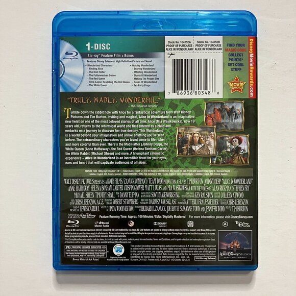 Alice In Wonderland Blu-Ray Disc Disney Tim Burton Johnny Depp - Picture 3 of 4